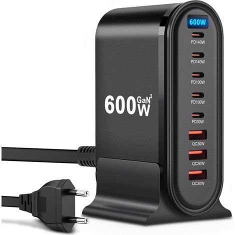 Chargeur USB C - 600 W - 8 ports - Chargeur rapide - Chargeur USB pour iPhone, iPad Pro, MacBook, téléphones portables Samsung (1/5)