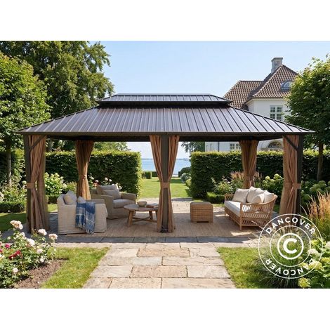 Gazebo Santa Fe Steel+ w/curtains and mosquito net, 3.65x6 m, Brown - Dancover