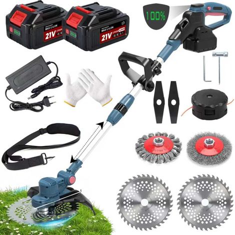 Coupe Bordure sans Fil avec Batterie,21 V, 2 batteries 4,0 Ah, coupe-bordures/débroussailleuse 5 en 1 avec brosse de désherbage,Moteur sans balais 750 W Pliable Adapté pour jardin et pelouse-dark blue (1/5)