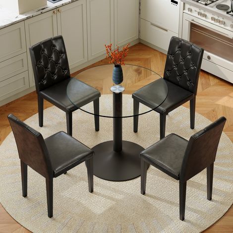 Conjunto de mesa y sillas de cristal negro de 85 cm, moderno, para comedor FloraGrace (1/5)