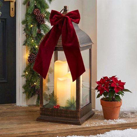 XXL Laterne antik bronze mit 3 LED Kerzen mit Timer Funktion für Außen - 60 x 23 cm - Kunststoff Windlicht warm weiß beleuchtet batteriebetrieben