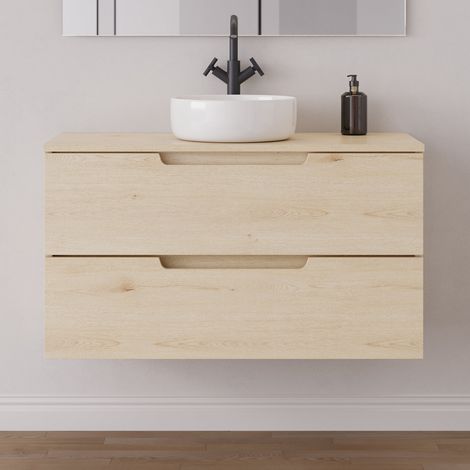 Meuble de salle de bain 100cm avec plateau et vasque à poser ronde - 2 tiroirs - sans miroir - roble calima (bois clair) - SONRIZA (1/5)