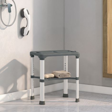 Tabouret de douche réglable en hauteur avec étagère et barre d'appui à ventouse pour personnes âgées et handicapées, gris (1/5)