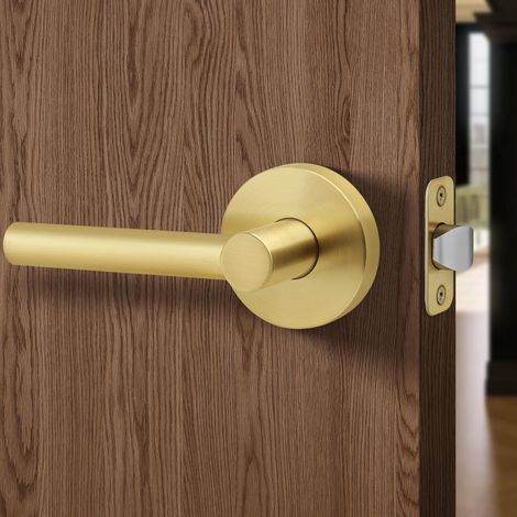 Poignée de porte de passage sans serrure, design rond, non verrouillable, robuste avec finition en laiton satiné, réversible pour gaucher/droitier pour porte de couloir et de placard (1/5)