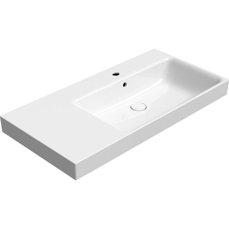 Lavabo en céramique NUBES 100x50cm, étagère à gauche, blanc ExtraGlaze (1/3)