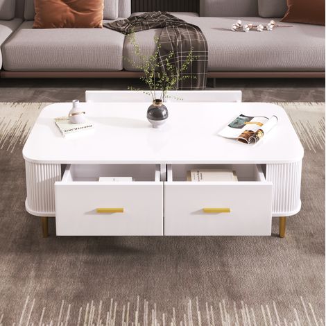 Tavolino da caffè in MDF bianco 105 cm con 4 cassetti, lati ondulati e dettagli dorati (1/5)