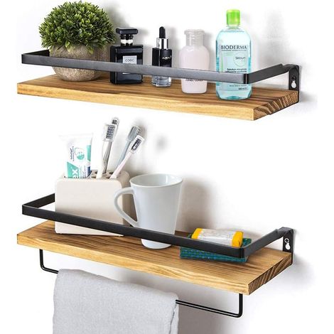 Set of 2 Wooden Floating Wall Mounted Shelves - with Towel Rack - Rustic Storage Shelves - for Living Room, Bedroom, Hallway, Bathroom (Charred Brown) (1/5)