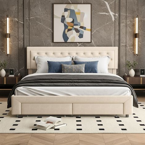 Letto contenitore matrimoniale 160x200 cm in velluto beige con 2 cassetti - Testiera imbottita capitonné - Rete a doghe inclusa(160x200cm, Beige)