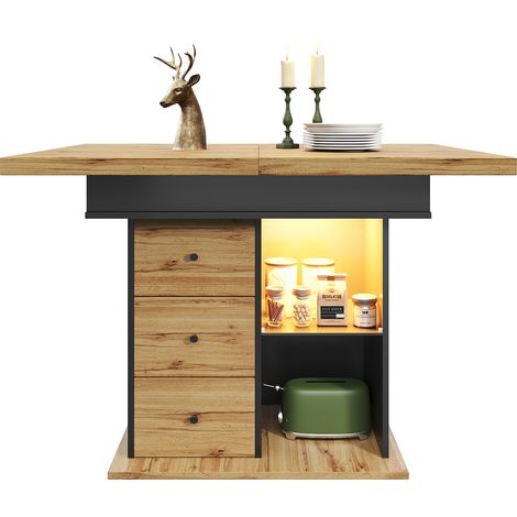 Table à manger télescopique (110-140×80cm), table de cuisine pliante pour 4-6 personnes, table à manger extensible, table de cuisine peu encombrante, pour cuisine et salon, table avec éclairage LED (1/5)