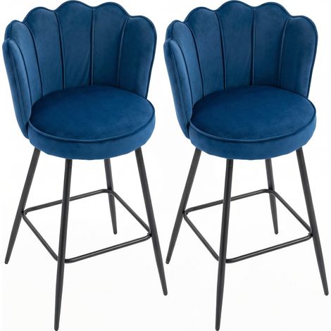 Set of 2 Dark Blue Velvet-Effect Polyester Bar Stools (1/5)
