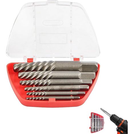 Juego de 6 extractores de tornillos - Brocas para taladro - Extractor para tornillos dañados, tuberías y pernos rotos de varios tamaños - Extractor de roscas de doble cabezal - Acero al carbono (1/5)