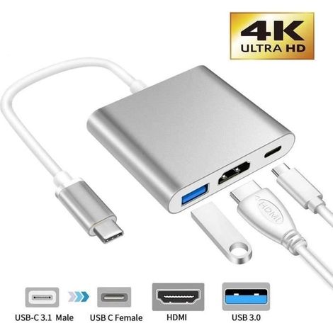Adaptateur USB C vers HDMI 4K, Hub Type C vers HDMI, Adaptateur HDMI Convertisseur + Port USB 3.0 + Port de Charge C USB Compatible (1/4)