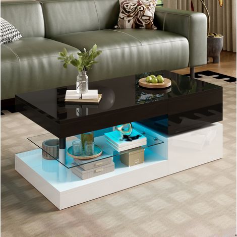 Couchtisch (90x45x35.5 cm), mit LED Beleuchtung, APP und Bluetooth Steuerung, Hochglanz, Spanplatte, Schwarz Weiß (1/5)