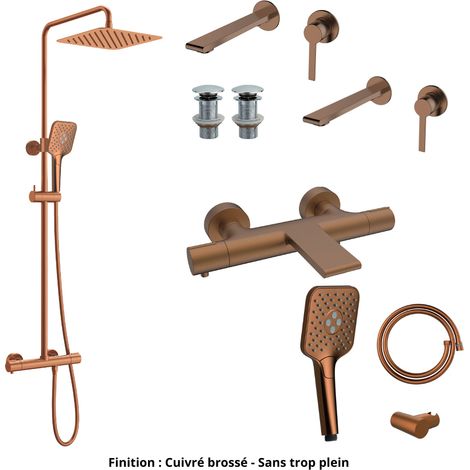 2 Mitigeurs lavabo +2 Bondes +Colonne de douche +Mitigeur Bain+Support douchette Couleur Cuivre brossé Version Bonde sans trop plein (1/5)