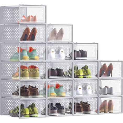 Boîtes à Chaussures, Rangement Chaussures en Plastique, Pliables et Empilables, pour Pointure Jusqu'à 43, Lot de 18, Transparent et Gris Tourterelle LSP066G18 (1/5)