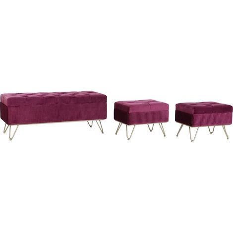 Set de 3 banquettes en velours coloris grenat et métal doré -PEGANE- (1/5)