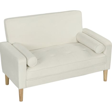 Sofá de 2 plazas de poliéster color marfil con patas de madera (1/4)
