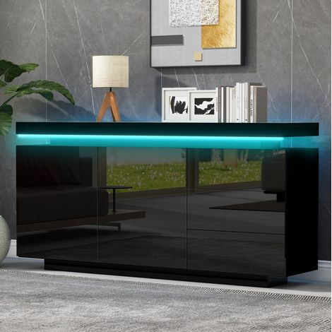 MEUBLIV Credenza 140x35x72,5 cm nera – LED, 2 ante e 3 cassetti (1/5)