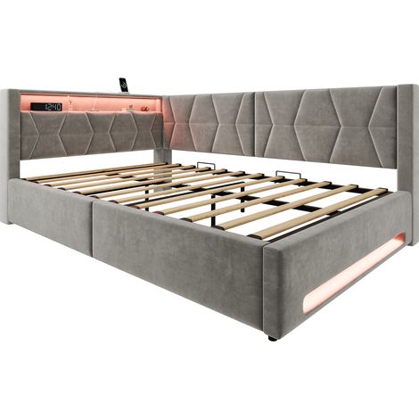 Cama tapizada 140x200 cm gris de terciopelo con almacenaje, LED, USB y Type-C (1/5)