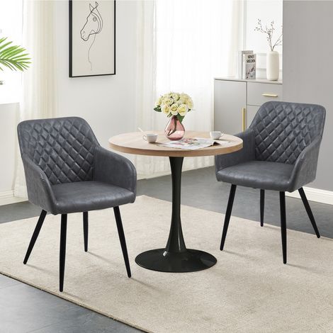 Dining Chairs,2x Faux Leather Kitchen Chairs Upholstered Seat with Backrest and Armrest, Dark Grey (1/5)