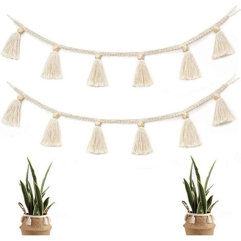 Set mit 2 handgewebten Makramee-Wandteppichen im Bohemian-Stil mit Quasten, Wandteppichen aus Baumwolle und Leinen für Kinderzimmer, Regenbogenfarben (weiß)