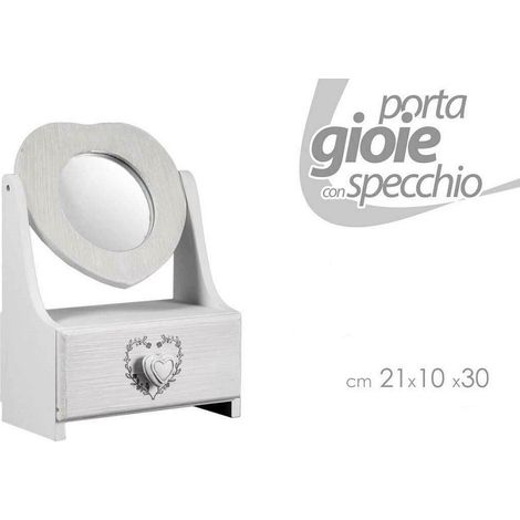 Trade Shop - Porta Gioie Cassetto Gioielli Legno Con Specchio Decoro Cuore 21x10x30cm 678561 - (1/2)