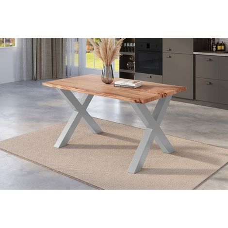 Esstisch Baumkante massiv Akazie natur 160 x 85 silber X-Gestell NICK (1/5)
