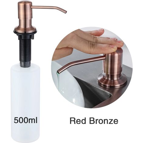 Distributeur de détergent en acier inoxydable (bronze rouge) 500 ml, distributeur de savon liquide pour évier de cuisine, bouteille en PE pour salle de bain, distributeur de savon bronze (1/5)
