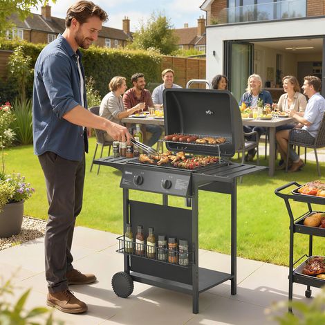 Barbecue gaz 2 brûleurs tables appoint bac graisse, noir