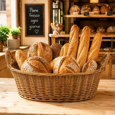 Panier de rangement rond en osier avec poignées, diam. 63 x H 28 cm (1/5)