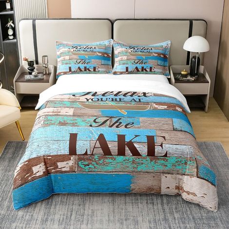 Lac Maisons 100% Coton Housse de Couette 140x200cm Camping Parure de Lit pour Bleu Vert Country Wood Literie Set Paddle Ensemble de lit décoration de Ferme Ensemble de Literie - 140 x 200 cm + 1 taie  (1/5)