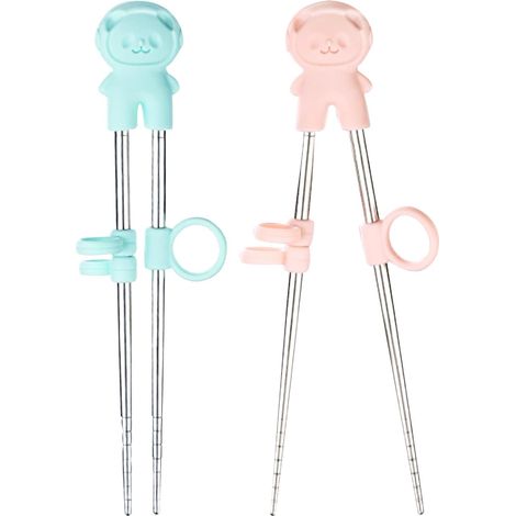 2 paires de baguettes d'exercice avec boîte de rangement, aide à apprendre à manger avec des baguettes, baguettes de débutant réutilisables en métal inoxydable, roses et bleues (1/5)