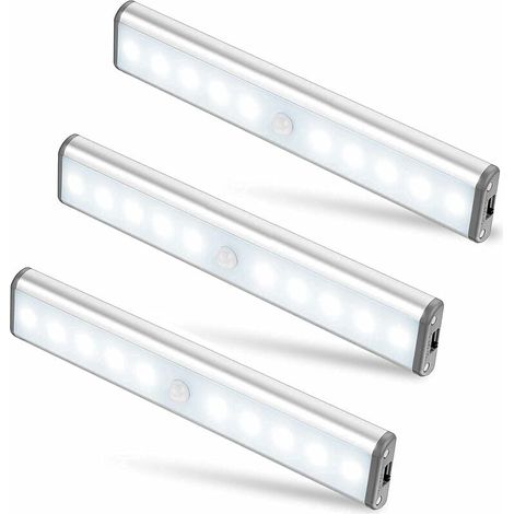 Lot de 3 Lampes 10 LED, Sans Fil, Rechargeable par USB, Aimanté, Détecteur de Mouvement, 2 Modes d’Éclairage, Portable. Lumière de Placard, Baladeuse de Secours, Veilleuse Enfant, Appoint … [Classe én (1/5)