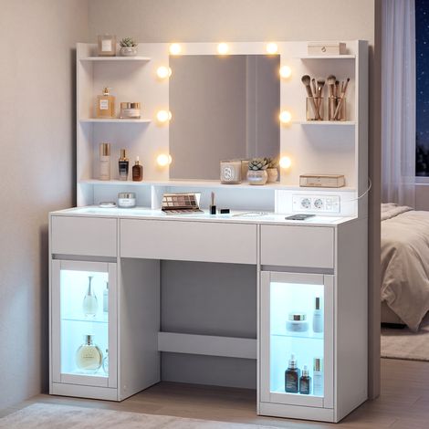 Coiffeuse avec Miroir LED, avec Bandes Lumineuses, 2 Placards Vitrés, 3 Tiroirs, 8 Étagères, Style Moderne, Blanc (1/5)