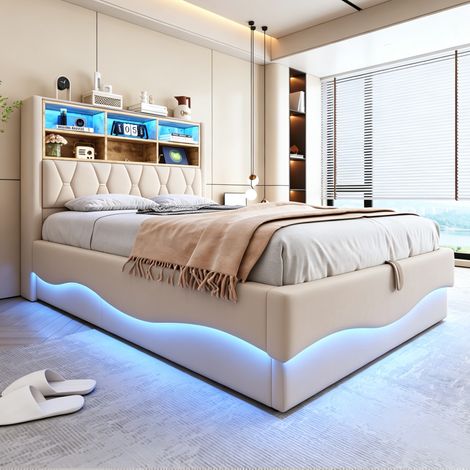 Cama tapizada de 140×200 con espacio de almacenamiento hidráulico, tira de luz LED controlada por aplicación, puerto de carga USB, somier de láminas metálicas, tapicería de lino, color beige. (1/5)