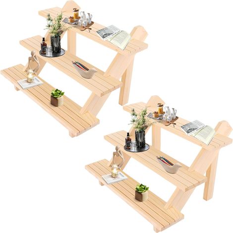 2 Pièces Presentoir Bois 3 Niveaux Couleur Naturelle 39 x 30 x 24 cm, Etagere Parfum en Pin, Support Bois Escalier pour Bijoux Cupcakes Vitrine (1/5)