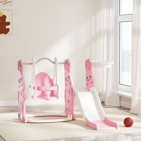 4-in-1 Kinderspielset mit Rutsche, Schaukel, Basketballkorb, Rutsche und Schaukel, 147,5 x 160 x 107 cm, Rosa