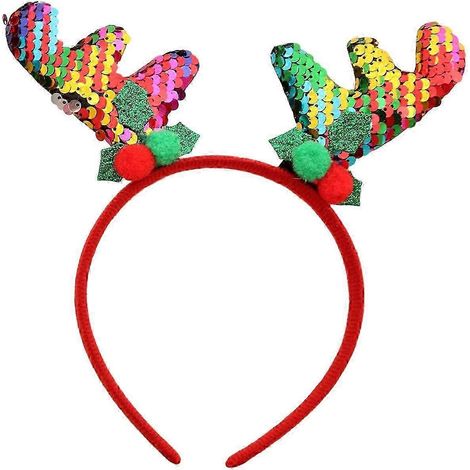 Bandeau de Noël à paillettes, décor bois de renne, serre-tête élastique pour enfants et adultes, paillettes festives-3
