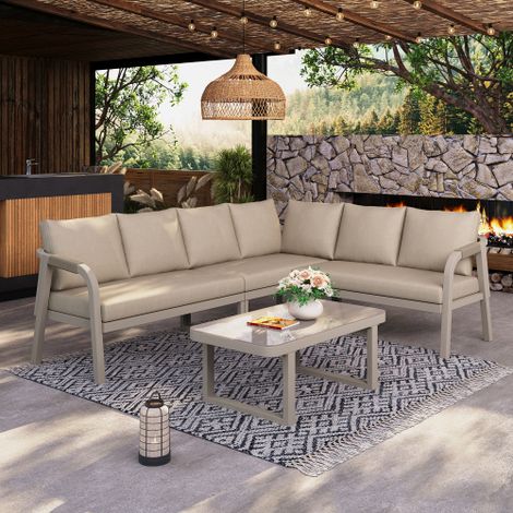 Gartenmöbel-Set, Eckstellung,Bietet Platz für bis zu 6 Personen,Geflochtene Arm- und Rückenlehnen, verzinkte Stahlrohre, inklusive Ecksofa und Couchtisch, Farbe: Beige
