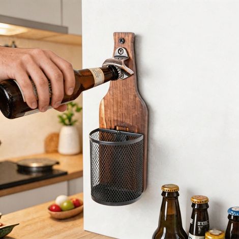 Dieser wandmontierte Flaschenöffner aus Holz mit Netzbeutel macht das Öffnen von Flaschen zum Kinderspiel. Er ist ein unverzichtbares Bieraccessoire für Hausbars, Küchen, Gärten und den Außenbereich u