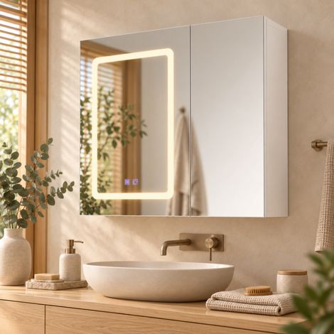 Armoire à Miroir Mural 70x60x13.5 cm,Salle de Bains Armoire avec 2 portes,Grand Meuble de Rangement avec Étagère Réglable,Anti - Buée Gradateur, blanc (1/5)