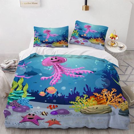 Housse de Couette 140x200 Enfant Poulpe Méduse Parure de Lit 1 Personne Microfibre Housse de Couette Créatures Aquatiques 3D Imprimé Literie Set 3 Pièces avec Fermeture Éclair - 140x200+2x50x75 (1/5)
