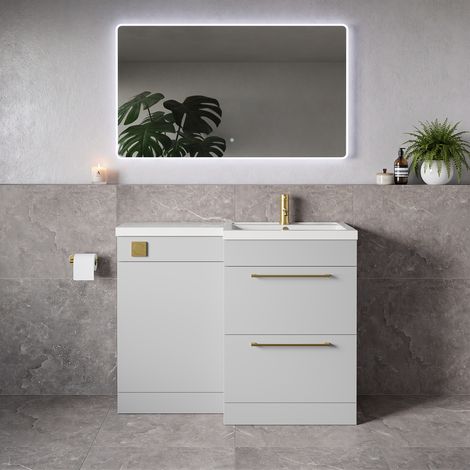 Napoli 390 Gloss Grey Pearl 1100mm 2 Drawer Vanity Unit Toilet Suite with Square Right Hand Lucia Basin - 1100mm - Brushed Brass 320mm HandleWithout Kingston Toilet Pan