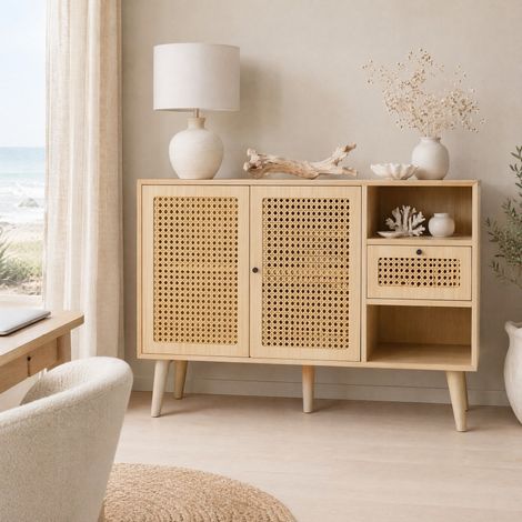 Buffet 1 tiroir et 2 portes magnétiques, étagères réglables, MDF et rotin 120x40x80 cm HAVRYA (1/5)
