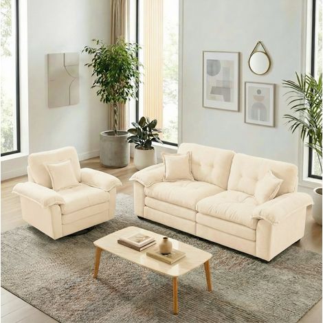 Conjunto de sofá de 2 piezas en chenilla beige: sillón y loveseat, asiento profundo, cojines (1/5)