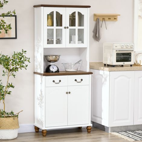 Mobile da cucina, credenza, 2 cassetti, 2 vani a giorno, design classico, bianco+marrone scuro, 76 x 38 x 182 cm