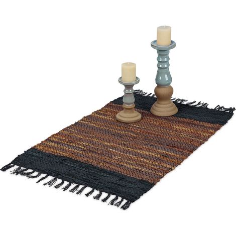Relaxdays Tapis tissé, 60x110 cm, coton et cuir, descente de lit à franges, antidérapant, chambre et couloir, marron