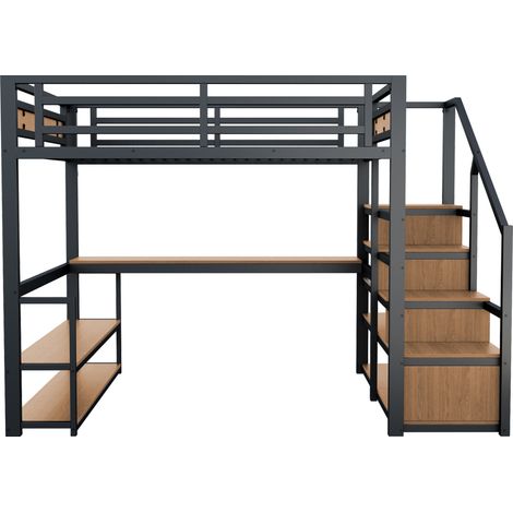 Lit mezzanine en métal 140 x 200 cm noir avec escalier de rangement, étagères et bureau (1/5)