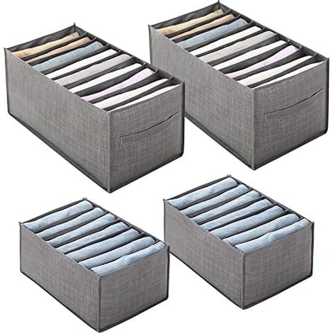 4pcs Non-Woven Storage Boxes Foldable Drawer Storage Drawer Organizer with Compartments Divider Box Storage Basket for Socks Jeans Clothes ((Grey Grid 7+7+9+9)) (1/5)