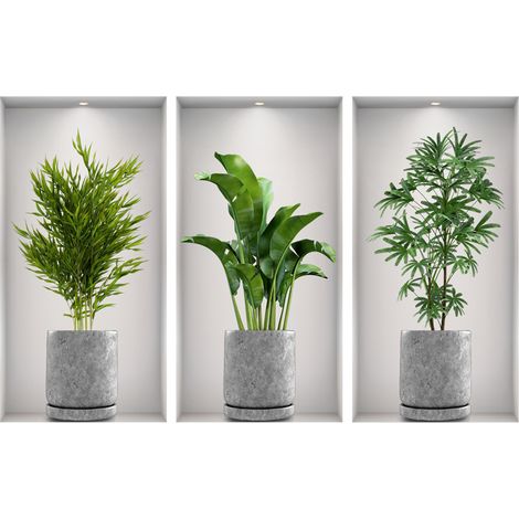 Lot de 3 Stickers muraux, Plantes vertes, Vases, Bouteilles noires, Feuilles, PVC imperméable, Décoration salon, Chambre, Bureau, Cuisine (1/5)